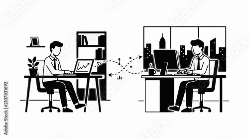 Two men at desks with laptops in modern offices connected by data flow lines