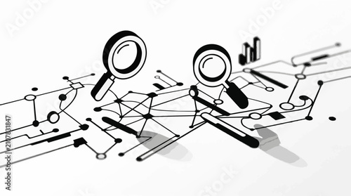 Two magnifying glasses and network diagram with charts on white background