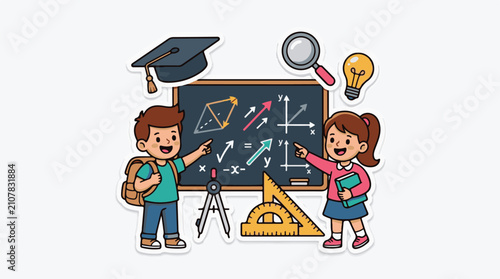 Two kids excitedly explaining math concepts on a blackboard with school supplies