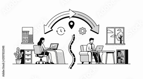 Two individuals working remotely connected by a shared process