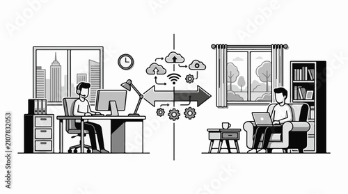 Two individuals working remotely connected by a central cloud and data transfer graphic