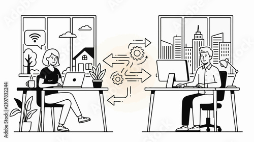 Two individuals working remotely and communicating with each other via technology