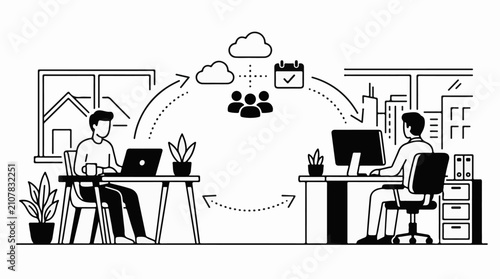 Two individuals working remotely and in office connect digitally