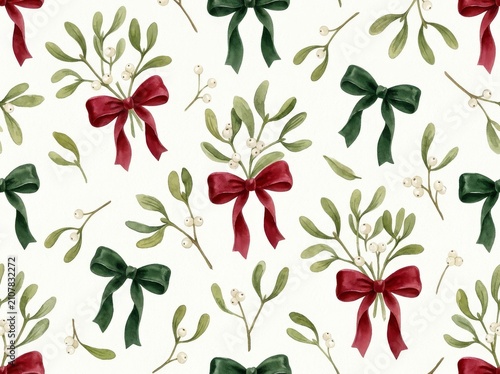 Seamless Watercolor Mistletoe Branch and Velvet Bow Pattern