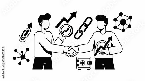 Two individuals shaking hands surrounded by symbols of growth and connectivity