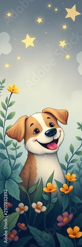 Whimsical illustration of a friendly dog peeking out from behind foliage with stars, hidden, surprise