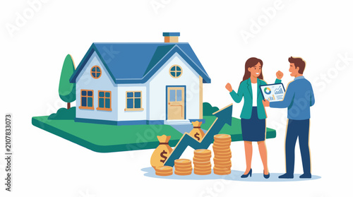 Two people celebrate financial success near a house with growing wealth
