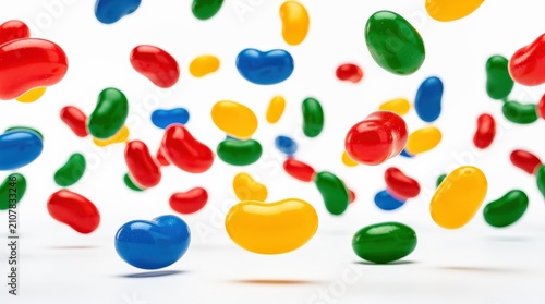 Multicolored jelly beans scattered randomly against a white background, showcasing vibrant red, blue, yellow, and green hues.