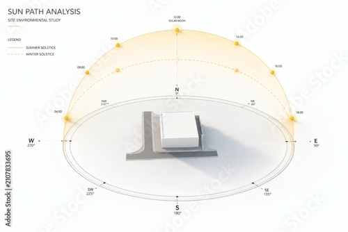 Isometric 3D architectural sun path analysis diagram highlighting site environmental study parameters for a building block.