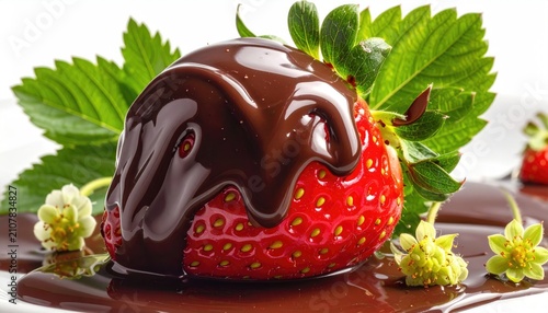 Close-up of a ripe strawberry dripping with rich dark chocolate sauce