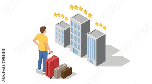 Bild auf Leinwand A male traveler stands with his three pieces of luggage, gazing at three silver