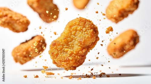 Crispy golden chicken nuggets with crumbs flying, showcasing a crunchy texture against a clean white background.