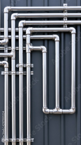 Shiny metal stainless steel pipes and plumbing system connected on wall
