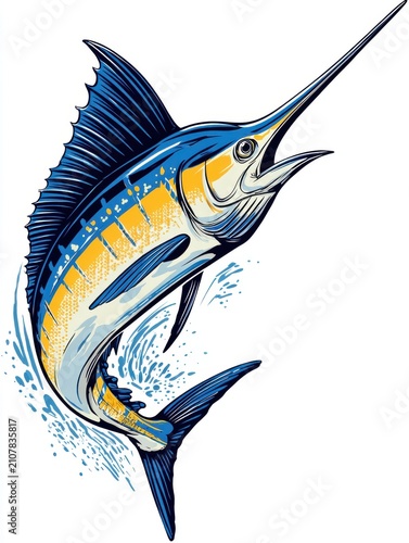 Blue And Yellow Sailfish Jumping Out Of Water Vector Illustration Isolated On White Background