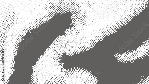 Abstract background, with white halftone, dot patterns, wavy, grid textures and, dark gray organic, shapes on a, solid gray backdrop