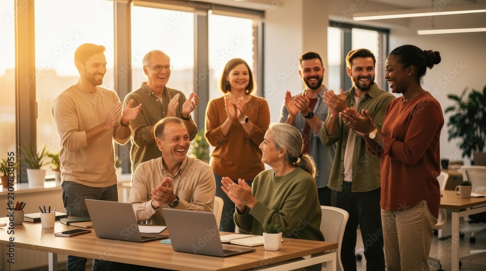 Obraz premium A diverse group of coworkers applauding and smiling in a modern office setting, celebrating success or teamwork.