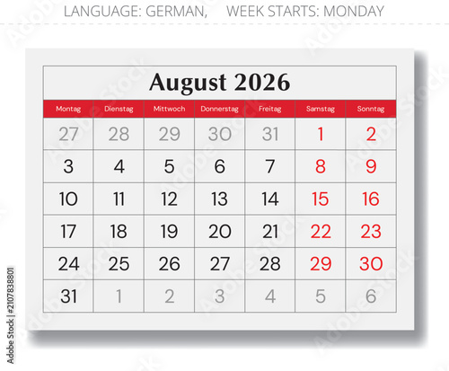 2026 German August calendar layout – Kalender August. Vector monthly paper page Germany