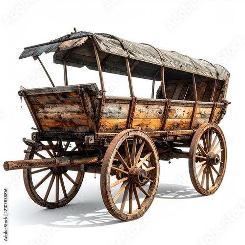 Weathered wooden wagon with canvas cover on white background