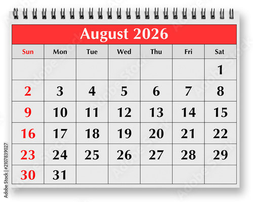 Page of annual monthly calendar - month august 2026