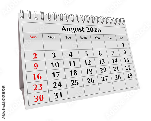 August 2026 annual desk flip calendar page with dates isolated on transparent png