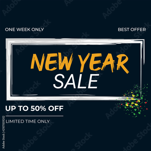 New Year Sale Banner with Golden Text and Confetti on Dark Background, navy blue background