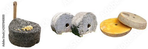 Tableau sur toile Collection of ancient stone grinding tools and millstones