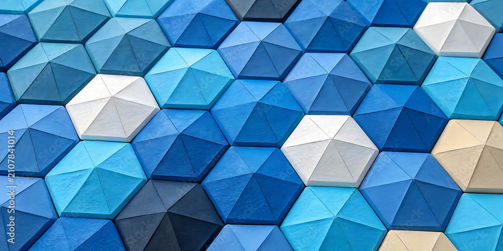 Obraz premium Blue and white hexagonal geometric relief pattern with hexagonal
