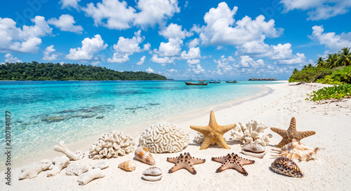 White coral, starfish and seashells arranged on pristine tropical beach beside crystal-clear turquoise ocean creating a premium summer coastal background