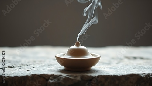 Simple unglazed ceramic incense burner with a wisp of smoke on a stone surface.