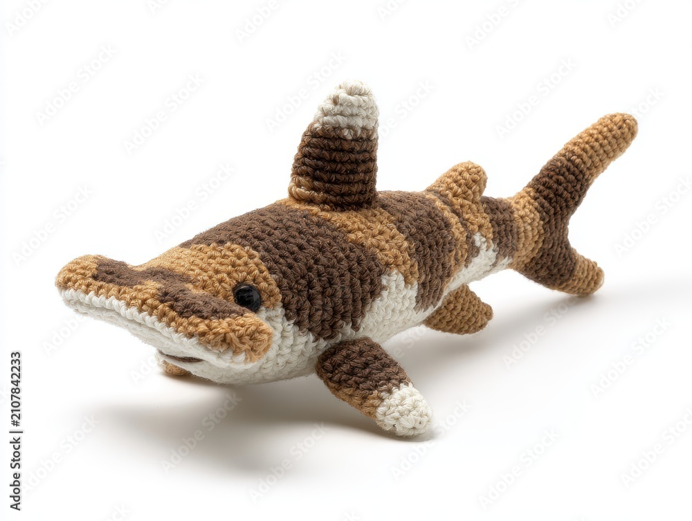 Obraz premium Crocheted Hammerhead Shark Toy With Brown And White Yarn Patterns On Isolated White Background