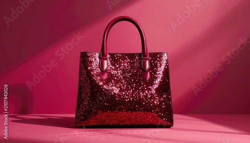 Sparkling red handbag with geometric shadows against a vibrant pink backdrop