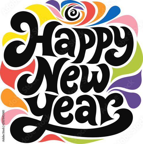 Happy new year hand drawn calligraphy script on transparent background with abstract colorful organic shapes for artistic greeting cards festive invitations or holiday season decor.