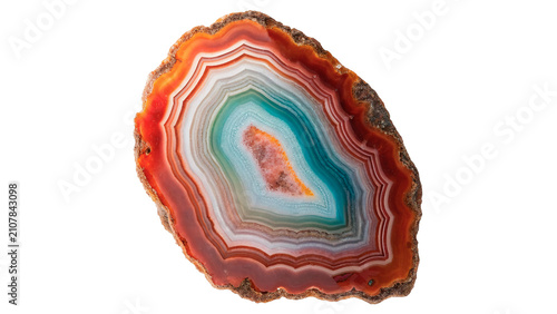 Fotografie Polished colorful agate gemstone with concentric teal rings isolated on transpar