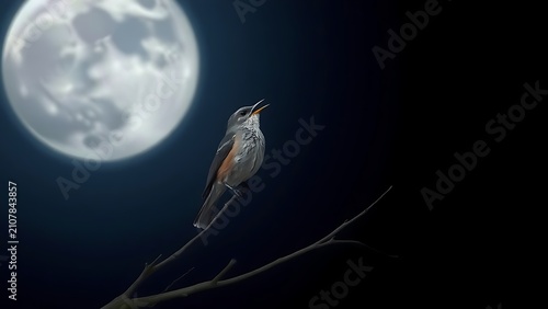 Nightingale perched on a moonlit branch against a dark blue night sky.