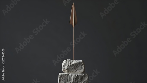 Geometric bronze spearhead sculpture mounted on rough stone plinth.