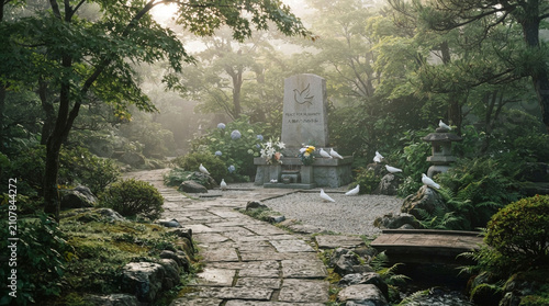 Serene garden path with doves near memorial stone