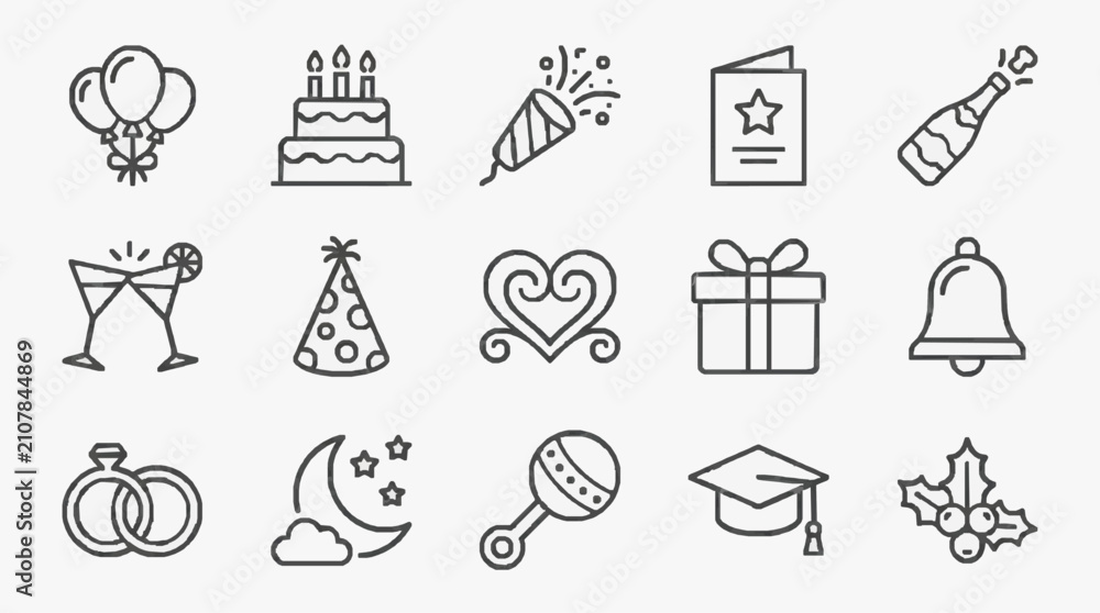 Fototapeta premium Modern Black and White Line Icons Set Featuring Celebration Party Holiday and Special Occasion Symbols