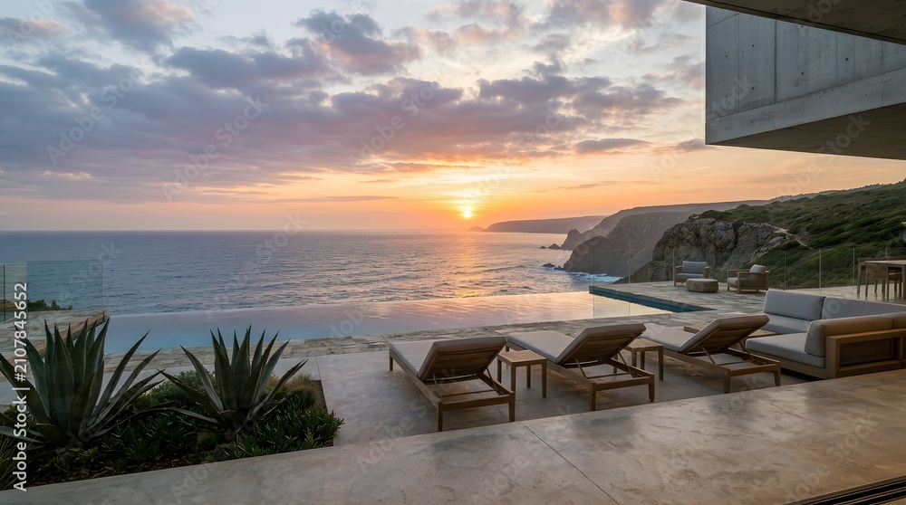 Fototapeta premium Tropical Beach Sunset with Ocean View and Relaxing Chairs by the Seaside Resort Horizon Landscape