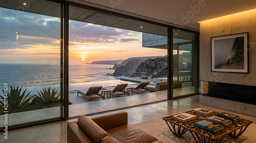 Luxury Hotel Room with Lounge Chairs by Floor to Ceiling Windows Overlooking the Sea at Sunset with Elegant Interior Design and Balcony View
