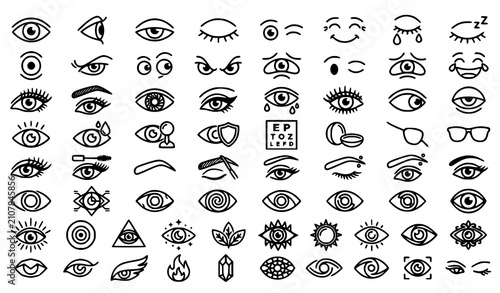 Vector Monochrome Eye Line Art Icon Set for Vision Beauty and Branding