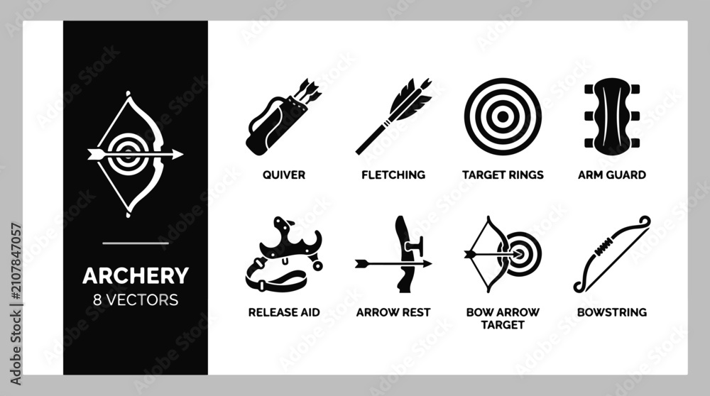 Naklejka premium Black and white archery equipment icon set including bow, arrow, target, quiver, and arm guard vectors