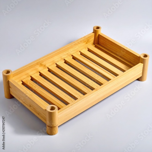Natural wood slatted tray with four raised cylindrical legs, minimalist design