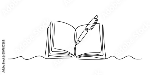 Open book with a pen drawing in continuous single line art style for education and writing concept design Vector, illustration