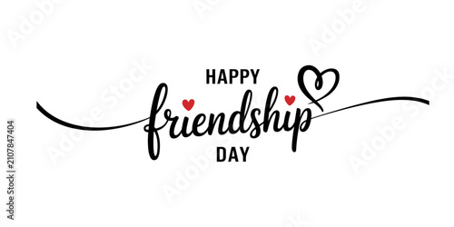 Happy friendship day hand written calligraphy text with red hearts and a decorative flourish line for greeting cards and social media design Vector, illustration