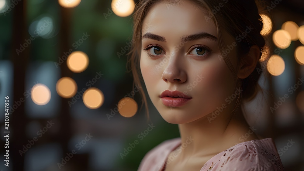 Fototapeta premium Close up portrait of a charming young woman with golden bokeh lights in the night background