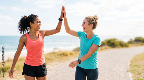 Two active female friends high fiving during outdoor running workout in park