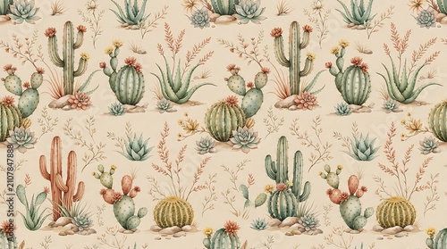 Seamless pattern with watercolor desert cacti and succulents