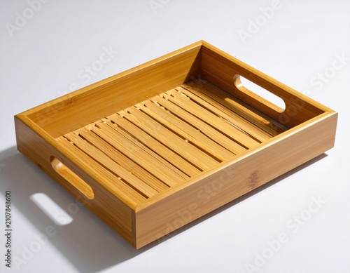 Natural bamboo tray with cutout handles, ribbed interior, clean white background