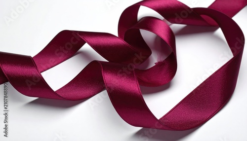 A lustrous burgundy ribbon artfully curves across a white background