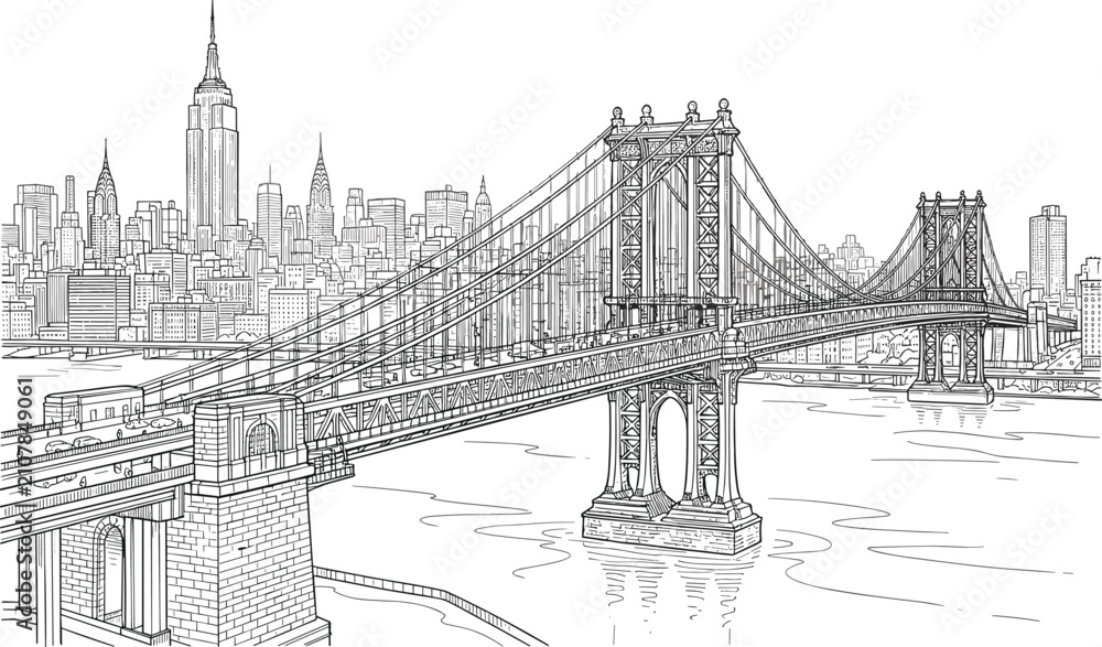 Obraz premium Manhattan Bridge and New York City skyline architectural vector line art sketch featuring the Empire State Building and East River